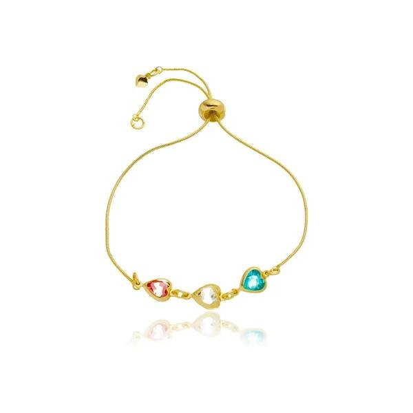 Pulseira 3 Corações Cravejados com Zircônias Banhada a Ouro 18 K