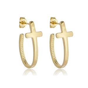 Brinco Argola Cruz Cravejada com Zircônias banhado a ouro 18 K