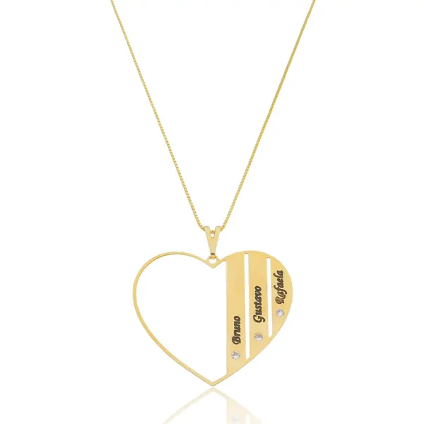 Colar Personalizado Coração com 3 Nomes e 3 Pontos de Luz Cravejados Zircônias banhado a ouro 18k