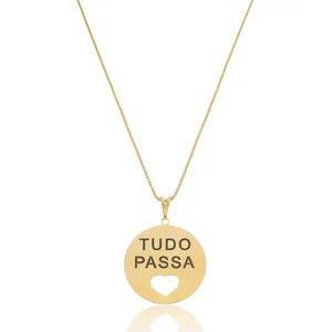 Colar Medalha Tudo Passa Coração Vazado Banhado a ouro 18k