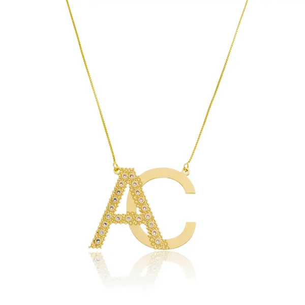 Colar Personalizado Monograma 1 Letra Lisa e 1 Letra Cravejada Zircônias banhado a ouro 18k