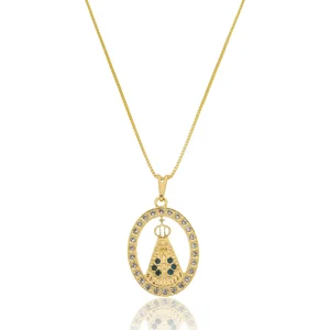 Colar Medalha Nossa Senhora Aparecida Cravejada com Zircônias Banhado a ouro 18k