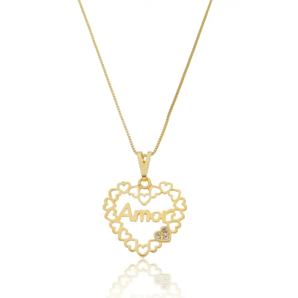 Colar Coração Amor Cravejado com Zircônias Banhado a ouro 18k