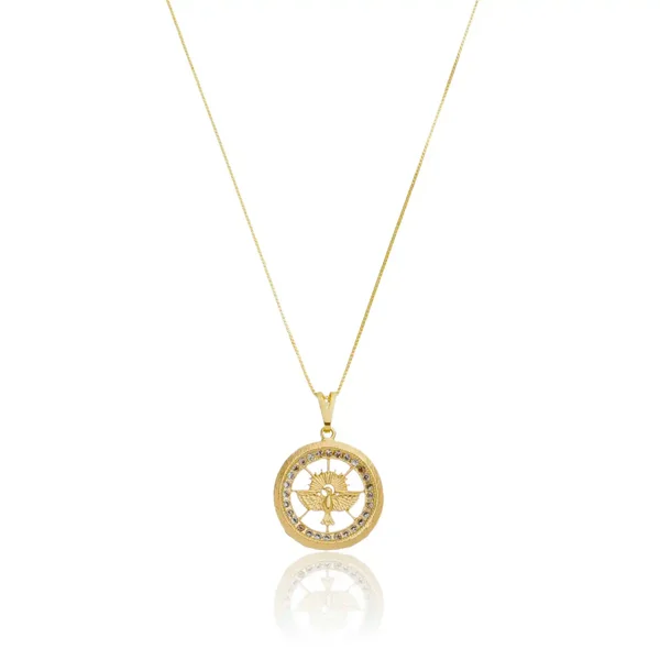 Colar Medalha Pomba da Paz Cravejada com Zircônias Banhado a ouro 18k