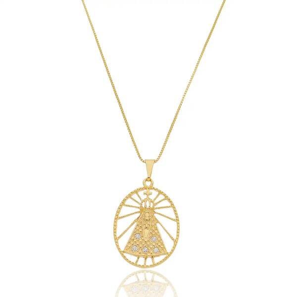 Colar Nossa Senhora Aparecida Cravejada com Zircônias Banhado a ouro