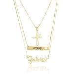 Colar Triplo Gratidão, Placa Personalizada e Fé banhado a ouro 18k