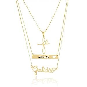 Colar Triplo Gratidão, Placa Personalizada e Fé banhado a ouro 18k