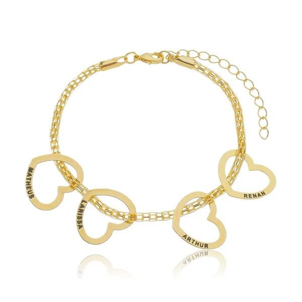 Pulseira Personalizada Corações com até 4 Nomes banhado a ouro 18 k