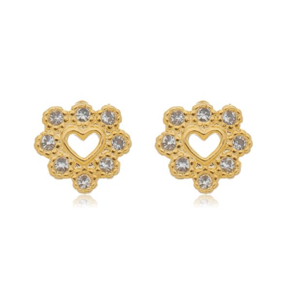 Brinco Coração com Zircônias em volta banhado a ouro 18 K