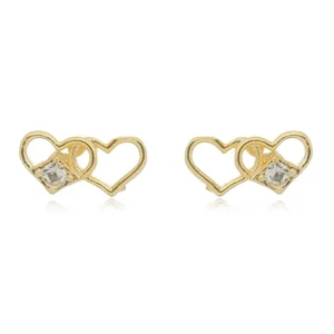 Brinco Dois Corações com Zircônias banhado a ouro 18 K