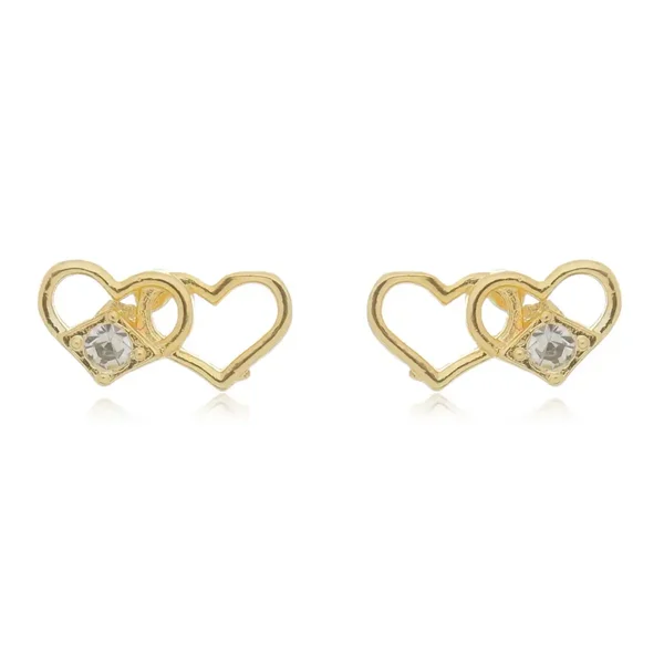 Brinco Dois Corações com Zircônias banhado a ouro 18 K
