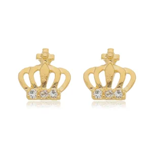 Brinco Coroa Delicada com Zircônias banhado a ouro 18 K