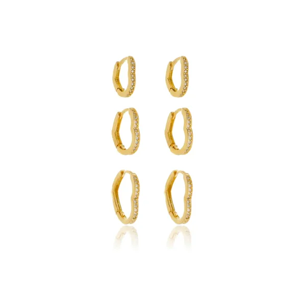 Brinco Trio de Argolas Coração de Zircônias banhado a ouro 18 K