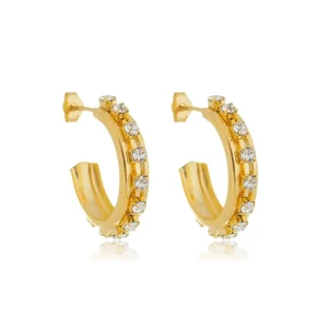 Brinco Argola Média com Zircônias banhado a ouro 18 K