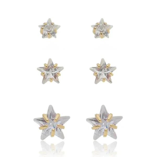 Brinco Trio Estrelas de Zircônias banhado a ouro 18 K