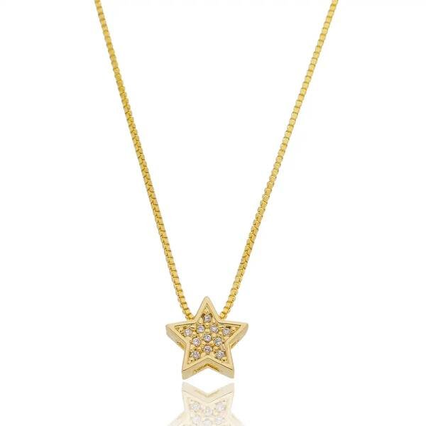 Colar Estrela Cravejado com Zircônias Banhado a ouro 18k