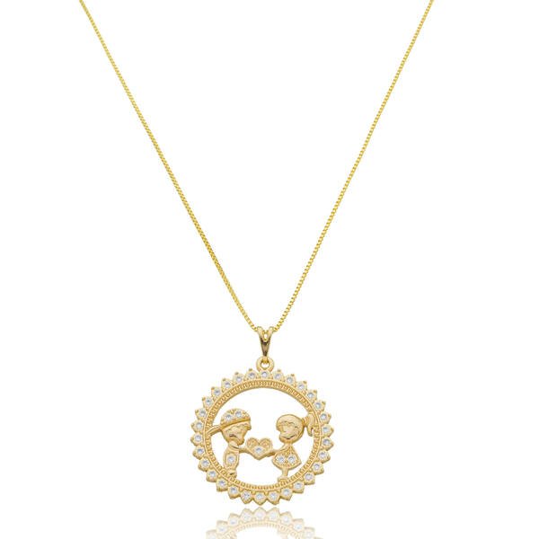 Colar Casal com Coração na Mão de Zircônias Banhado a ouro 18k