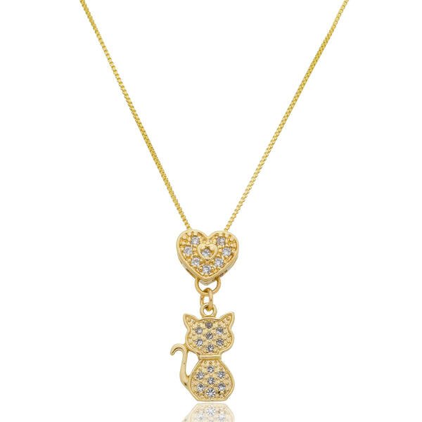Colar Gato com Coração de Zircônias Banhado a ouro 18k