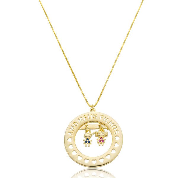 Colar Casal no Círculo Escrito Amo Meus Filhos Banhado a ouro 18k