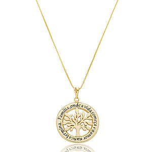 Colar Medalha Árvore da Vida Escrito "Família...¨ Banhado a ouro 18k
