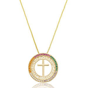 Colar Tudo Posso Naquele Que Me Fortalece com Zircônias Coloridas Banhado a ouro 18k