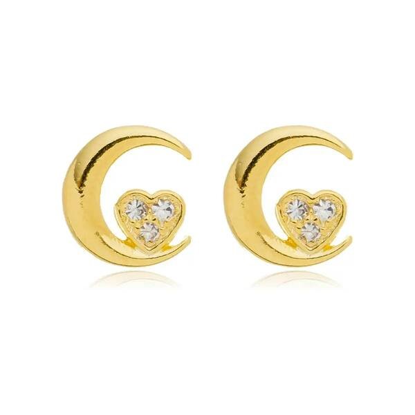 Brinco Lua com Coração com Zircônias banhado a ouro 18 K