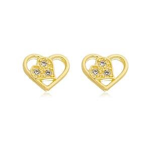 Brinco Coração com Coração de Zircônias banhado a ouro 18 K