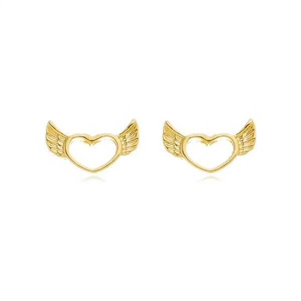 Brinco Coração Vazado com Asa banhado a ouro 18 K