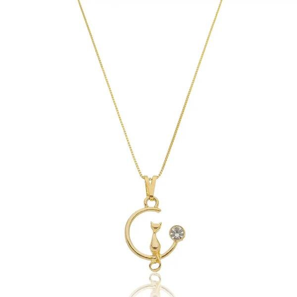 Colar Gato no Círculo Banhado a ouro 18k