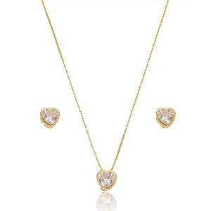 Colar Coração e Brinco de Zircônias Banhado a ouro 18k