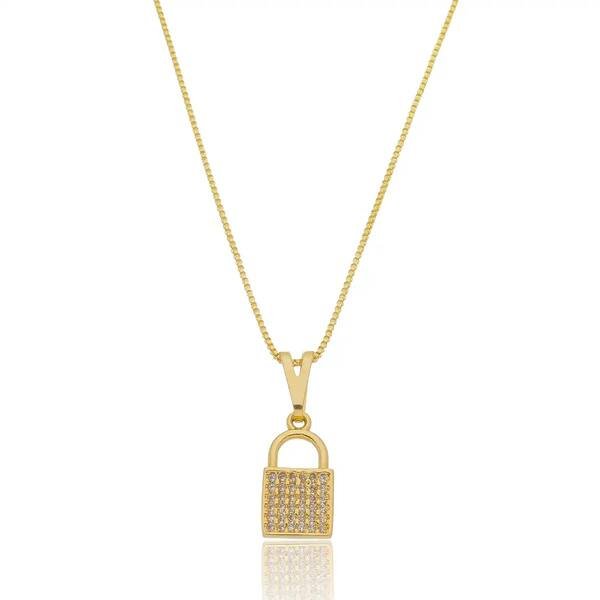 Colar Cadeado Cravejado com Zircônias Banhado a ouro 18k