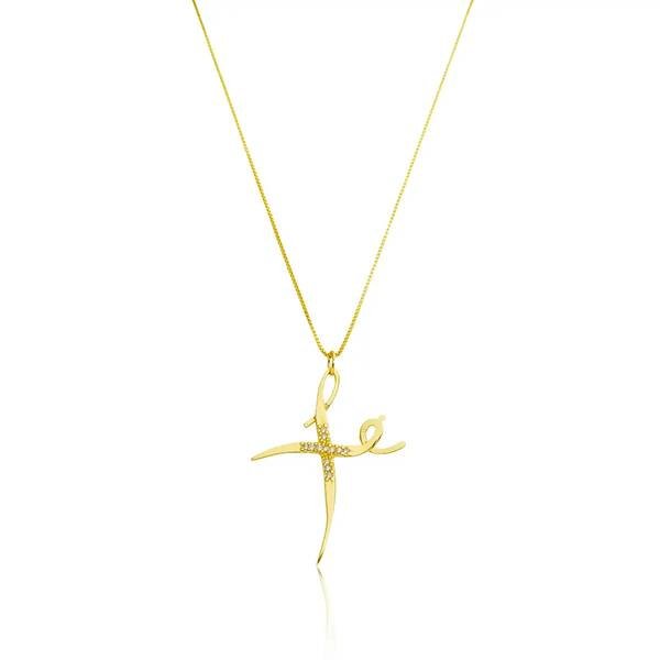 Colar Fé Cravejado com Zircônias Banhado a ouro 18k
