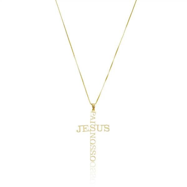 Colar Cruz Pai Nosso Jesus Banhado a Ouro 18k