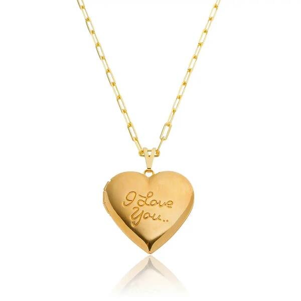 Colar Personalizado Foto Relicário Coração I Love You Banhado a ouro 18k