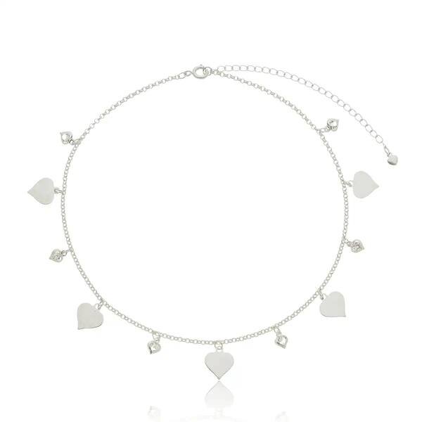 Colar Choker 5 Corações com Zircônias Banhado a Prata 950