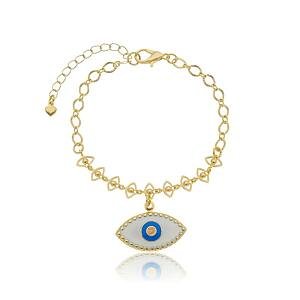 Pulseira Olho Grego Placa Branca Banhada a Ouro 18 K