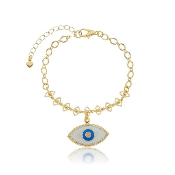 Pulseira Olho Grego Placa Branca Banhada a Ouro 18 K