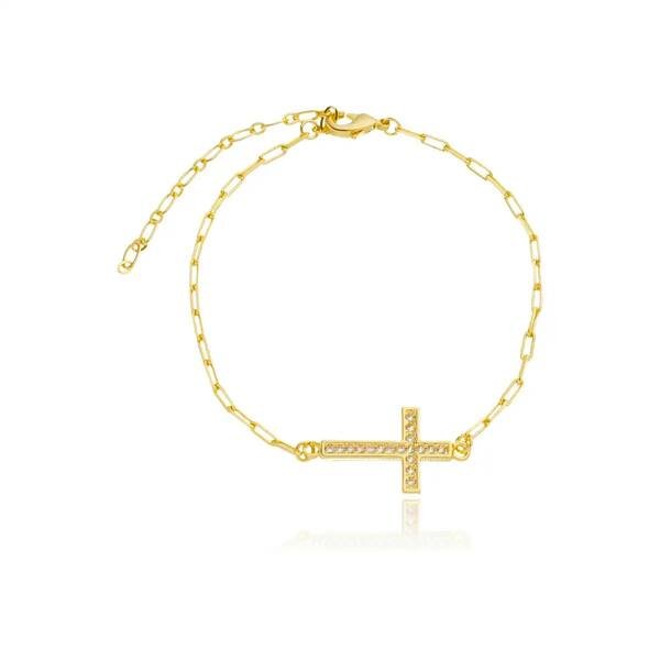 Pulseira Cruz com Zircônias Banhada a ouro 18k