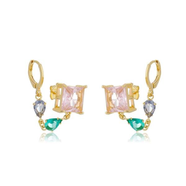 Brinco Quadrado com Gotas na Argola de Zircônias banhado a ouro 18 K