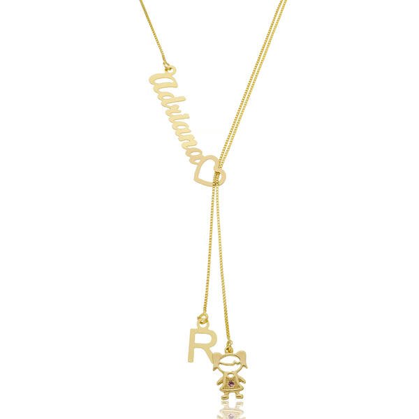 Colar Personalizado Nome Gravata com até 2 Meninos(as) e 2 Letras Pendentes Banhado a ouro 18k