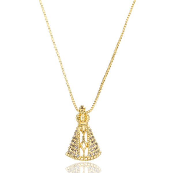 Colar Medalha Nossa Senhora Delicada Cravejada com Zircônias Banhado a ouro 18k